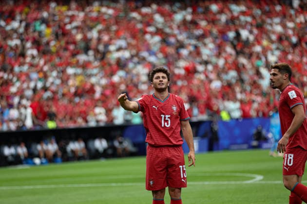 Joao Neves seen celebrating after scoring goal during FIFA World Cup, WM, Weltmeisterschaft, Fussball 2026 game between national teams of Portugal and DR Congo (Grzegorz Wajda Ball Raw Images) Arlington Dallas Stadium USA Copyright: xGrzegorzxWajdax grzegorzawajda_portugal_drcongo_2526_1-9