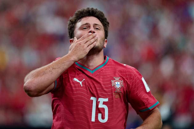 Joao Neves seen celebrating after scoring goal during FIFA World Cup, WM, Weltmeisterschaft, Fussball 2026 game between national teams of Portugal and DR Congo (Alejandro Espino Ball Raw Images) Arlington Dallas Stadium USA Copyright: xAlejandroxEspinox alejandroespino_portugal_drcongo_2526