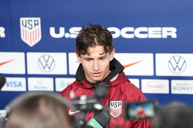 US striker Brenden Aaronson takes part in a press conference, PK, Pressekonferenz in Seattle, United States, 17 June 2026. USA will face Australia in their 2026 World Cup Group D soccer match on 19 June. USA s presser !ACHTUNG: NUR REDAKTIONELLE NUTZUNG!  Copyright: xOmarxAlonsox GRAF276 20260617-55020625980_1