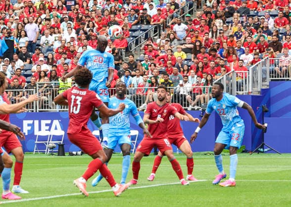HOUSTON, TX - JUNE 17: Yoane Wissa 20 of DR Congo heads the ball and scores a goal to equalize 1-1 in the first half during the FIFA World Cup, WM, Weltmeisterschaft, Fussball 2026 Group K match between Portugal and Congo DR on June 17, 2026 at Houston Stadium in Houston, Texas.(Photo by Leslie Plaza Johnson Icon Sportswire) SOCCER: JUN 17 FIFA World Cup 26 Group K - Portugal vs Congo DR EDITORIAL USE ONLY Icon260617002