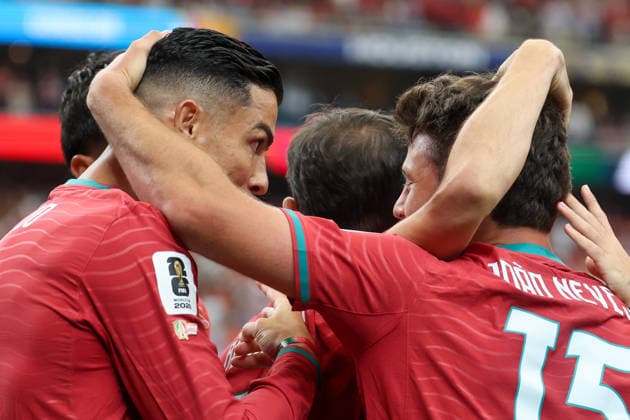 HOUSTON, TX - JUNE 17: Cristiano Ronaldo 7 of Portugal congratulates his teammate Joao Neves 15 of Portugal after he scores a goal during the FIFA World Cup, WM, Weltmeisterschaft, Fussball 2026 Group K match between Portugal and Congo DR on June 17, 2026, at Houston Stadium in Houston, Texas. (Photo by David Buono Icon Sportswire) SOCCER: JUN 17 FIFA World Cup 26 Group K - Portugal vs Congo DR EDITORIAL USE ONLY Icon260617021