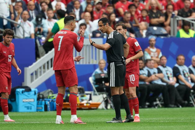 HOUSTON, TX - JUNE 17: Cristiano Ronaldo 7 of Portugal complains to the referee after a yellow card is given to a teammate during the FIFA World Cup, WM, Weltmeisterschaft, Fussball 2026 Group K match between Portugal and Congo DR on June 17, 2026, at Houston Stadium in Houston, Texas. (Photo by David Buono Icon Sportswire) SOCCER: JUN 17 FIFA World Cup 26 Group K - Portugal vs Congo DR EDITORIAL USE ONLY Icon260617023