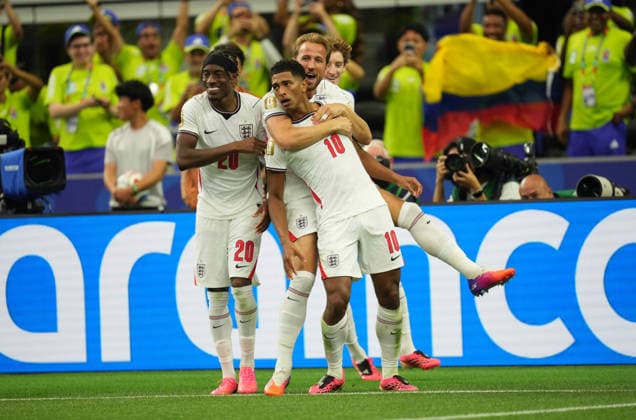 Jude Bellingham of England scores and celebrates his teams third goal during the match between England and Croatia in Group L of the 2026 FIFA World Cup at Dallas Stadium in Arlington, United States, on June 17, 2026. Thor Wegner, DeFodi Images. Photo by DeFodi Images,detected_source_language