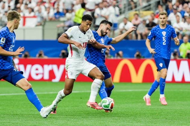 Jude Bellingham of England (L) and Josip Sutalo of Croatia (R) fight for possession during a FIFA Men’s World Cup 2026 Group Stage football match between England and Croatia at Dallas Stadium, in Arlington on June 17th 2026 (Photo by Richard Callis SPP)  Copyright: xRichardxCallis SPPx Sportspressphoto_SPR168886