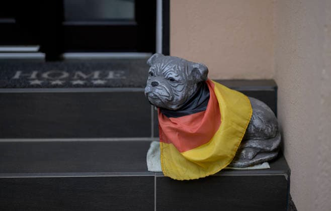 Ein Deko Hund umhüllt mit einer Deutschland Fahne, am 17.06.2026 in Essen Deutschland. *** A decorative dog wrapped in a German flag, on June 17, 2026, in Essen, Germany,detected_source_language