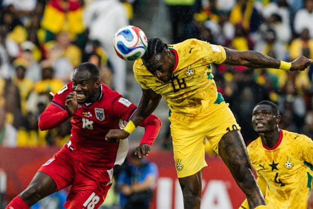 Jerome Opoku of Ghana contests a header with Cecilio Waterman of Panama during the FIFA World Cup, WM, Weltmeisterschaft, Fussball game between Ghana and Panama at Toronto Stadium on June 17, 2026 in Toronto, Ontario, Canada  Copyright: xCurtisxWongx xSPPx Sportspressphoto_SPR169353