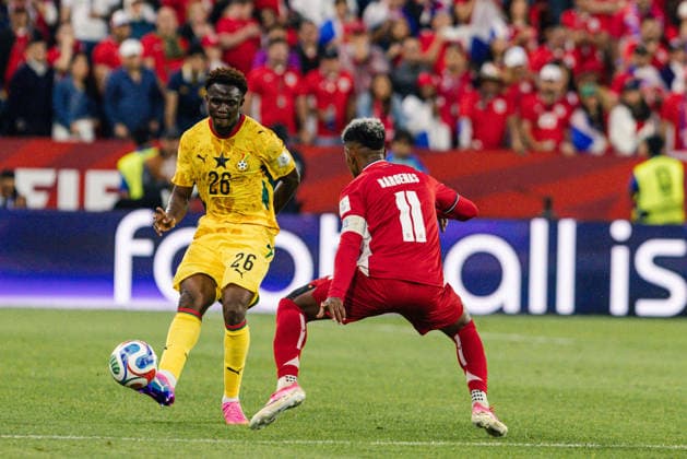 Marvin Senaya of Ghana passes the ball during the FIFA World Cup, WM, Weltmeisterschaft, Fussball game between Ghana and Panama at Toronto Stadium on June 17, 2026 in Toronto, Ontario, Canada  Copyright: xCurtisxWongx xSPPx Sportspressphoto_SPR169423