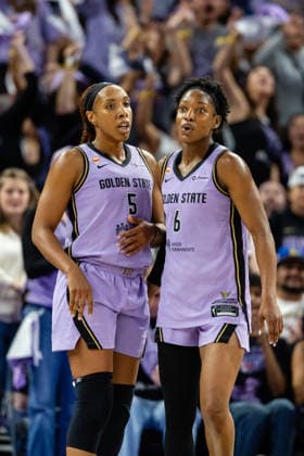 SAN FRANCISCO, CA - JUNE 17: Kayla Thornton 5 and Kaila Charles 6 of the Golden State Valkyries look on during a WNBA, Basketball Damen, USA Commissioner™s Cup game against the Dallas Wings on June 17, 2026 at Chase Center in San Francisco, CA. (Photo by Matthew Huang Icon Sportswire) WNBA: JUN 17 Dallas Wings at Golden State Valkyries EDITORIAL USE ONLY Icon260617032