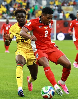 (260618) -- TORONTO, June 18, 2026 -- Marvin Senaya (L) of Ghana vies with Cesar Blackman of Panama during the group L match between Ghana and Panama at the 2026 FIFA World Cup, WM, Weltmeisterschaft, Fussball at Toronto Stadium in Toronto, Canada, on June 17, 2026. (Photo by Xinhua) (SP)CANADA-TORONTO-FOOTBALL-FIFA WORLD CUP-GROUP L-GHA VS PAN YangxShu 