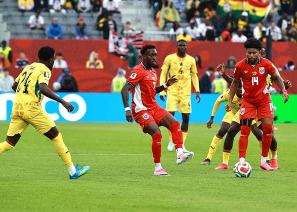(260618) -- TORONTO, June 18, 2026 -- Jose Luis Rodriguez (2nd L) and Carlos Harvey (1st R) of Panama are seen during the group L match between Ghana and Panama at the 2026 FIFA World Cup, WM, Weltmeisterschaft, Fussball at Toronto Stadium in Toronto, Canada, on June 17, 2026. (Photo by Xinhua) (SP)CANADA-TORONTO-FOOTBALL-FIFA WORLD CUP-GROUP L-GHA VS PAN YangxShu 