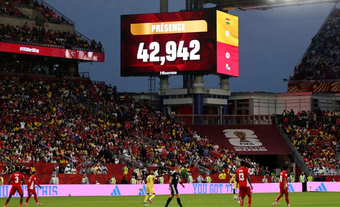 (260618) -- TORONTO, June 18, 2026 -- The number of attendance is shown on the screen during the group L match between Ghana and Panama at the 2026 FIFA World Cup, WM, Weltmeisterschaft, Fussball at Toronto Stadium in Toronto, Canada, on June 17, 2026. (Photo by Xinhua) (SP)CANADA-TORONTO-FOOTBALL-FIFA WORLD CUP-GROUP L-GHA VS PAN ZouxZheng 