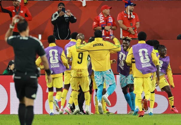 (260618) -- TORONTO, June 18, 2026 -- Players of Ghana celebrate scoring during the group L match between Ghana and Panama at the 2026 FIFA World Cup, WM, Weltmeisterschaft, Fussball at Toronto Stadium in Toronto, Canada, on June 17, 2026. (Photo by Xinhua) (SP)CANADA-TORONTO-FOOTBALL-FIFA WORLD CUP-GROUP L-GHA VS PAN YangxShu 
