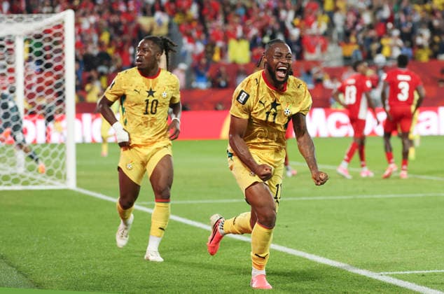 (260618) -- TORONTO, June 18, 2026 -- Antoine Semenyo (R) and Brandon Thomas-Asante of Ghana celebrate scoring during the group L match between Ghana and Panama at the 2026 FIFA World Cup, WM, Weltmeisterschaft, Fussball at Toronto Stadium in Toronto, Canada, on June 17, 2026. (Photo by Xinhua) (SP)CANADA-TORONTO-FOOTBALL-FIFA WORLD CUP-GROUP L-GHA VS PAN ZouxZheng 