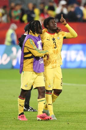 (260618) -- TORONTO, June 18, 2026 -- Caleb Yirenkyi (R) of Ghana is seen after the group L match between Ghana and Panama at the 2026 FIFA World Cup, WM, Weltmeisterschaft, Fussball at Toronto Stadium in Toronto, Canada, on June 17, 2026. (Photo by Xinhua) (SP)CANADA-TORONTO-FOOTBALL-FIFA WORLD CUP-GROUP L-GHA VS PAN ZouxZheng 