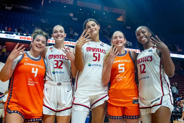 UNCASVILLE, CT - JUNE 17: Former UCLA Bruins women™s basketball players Charlisse Leger-Walker 4 of the Connecticut Sun, Angela Dugalic 32 of the Washington Mystics, Lauren Betts 51 of the Washington Mystics, Gianna Kneepkens 5 of the Connecticut Sun, and Michaela Onyenwere 12 of the Washington Mystics pose for a photo following the WNBA, Basketball Damen, USA game between the Washington Mystics and the Connecticut Sun on June 17, 2026 at Mohegan Sun Arena in Uncasville, CT. The Mystics defeated the Sun 88-81. (Photo by Erica Denhoff Icon Sportswire) WNBA: JUN 17 Washington Mystics at Connecticut Sun EDITORIAL USE ONLY Icon26061715