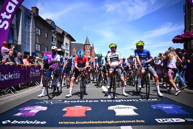 Baloise Belgium Tour 2026 Stage 2 KNOKKE-HEIST, BELGIUM - JUNE 18 : Girmay Biniam (ERI) of NSN Cycling Team, Merlier Tim (BEL) of Soudal Quick-Step, Hoogendoorn Roy (NED) of Metec - SOLARWATT p b Mantel, Kortleve Bart (NED) of Metec - SOLARWATT p b Mantel during stage 2 of the 95th edition of Baloise Tour of Belgium an UCI ProSeries 2.Pro cycling road race stage for Men Elite of 197.6 km with start in Merelbeke-Melle and finish in Knokke-Heist on June 18, 2026 in Knokke-Heist, Belgium, 18 06 2026 ( Motordriver Stephan Boone - Knokke-Heist Belgium  Copyright: xx