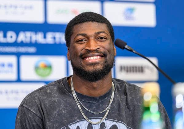 Doha Diamond League 2026 press conference, PK, Pressekonferenz American hurdler Cordell Tinch, attends a press conference ahead of the Doha Diamond League 2026 - Mazzraty athletics Meeting in Doha, Qatar, June 18, 2026. The event will be held on June 19. DOHA Qatar Copyright: xNOUSHADx