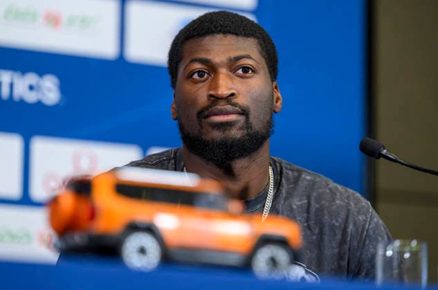 Doha Diamond League 2026 press conference, PK, Pressekonferenz American hurdler Cordell Tinch, attends a press conference ahead of the Doha Diamond League 2026 - Mazzraty athletics Meeting in Doha, Qatar, June 18, 2026. The event will be held on June 19. DOHA Qatar Copyright: xNOUSHADx