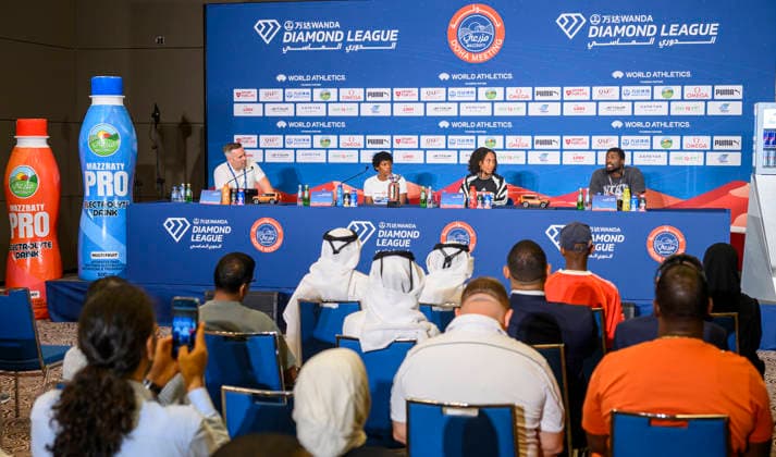 Doha Diamond League 2026 press conference, PK, Pressekonferenz Dominican sprinter Marileidy Paulino, Dominican triple jumper Thea LaFond and American hurdler Cordell Tinch attend a press conference ahead of the Doha Diamond League 2026 - Mazzraty athletics Meeting in Doha, Qatar, June 18, 2026. The event will be held on June 19. DOHA Qatar Copyright: xNOUSHADx