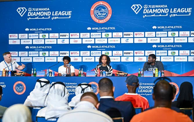 Doha Diamond League 2026 press conference, PK, Pressekonferenz Dominican sprinter Marileidy Paulino, Dominican triple jumper Thea LaFond and American hurdler Cordell Tinch attend a press conference ahead of the Doha Diamond League 2026 - Mazzraty athletics Meeting in Doha, Qatar, June 18, 2026. The event will be held on June 19. DOHA Qatar Copyright: xNOUSHADx
