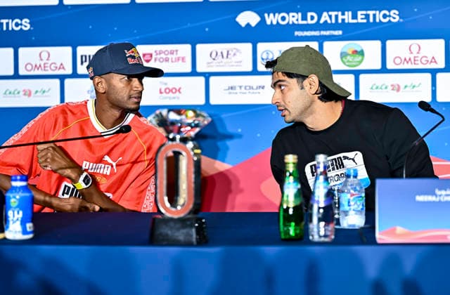 Doha Diamond League 2026 press conference, PK, Pressekonferenz Qatari high jumper Mutaz Essa Barshim and Indian javelin thrower Neeraj Chopra attend a press conference ahead of the Doha Diamond League 2026 - Mazzraty athletics Meeting in Doha, Qatar, June 18, 2026. The event will be held on June 19. DOHA Qatar Copyright: xNOUSHADx
