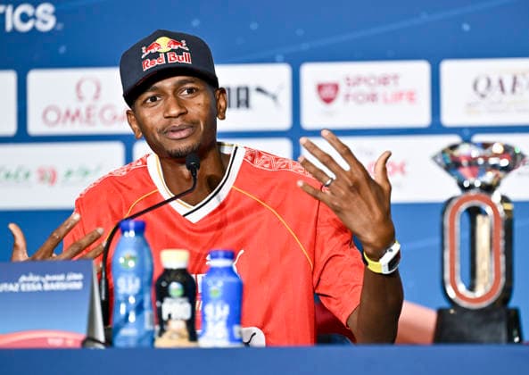 Doha Diamond League 2026 press conference, PK, Pressekonferenz Qatari high jumper Mutaz Essa Barshim , attends a press conference ahead of the Doha Diamond League 2026 - Mazzraty athletics Meeting in Doha, Qatar, June 18, 2026. The event will be held on June 19. DOHA Qatar Copyright: xNOUSHADx