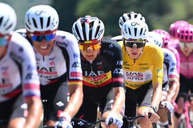 Tour de Suisse 2026 Stage 2 LOCARNO, SWITZERLAND - JUNE 18 : Politt Nils (GER) of UAE Team Emirates - XRG, Wellens Tim (BEL) of UAE Team Emirates - XRG, Pogacar Tadej (SLO) of UAE Team Emirates - XRG during stage 2 of the 89th edition of Tour de Suisse an UCI World Tour 2.UWT cycling road race stage for Men Elite of 157.7 km with start in Locarno and finish in Locarno on June 18, 2026 in Locarno, Switzerland, 18 06 2026 ( Motordriver Guy De Vuyst - Locarno Switzerland  Copyright: xVincentxKalutx