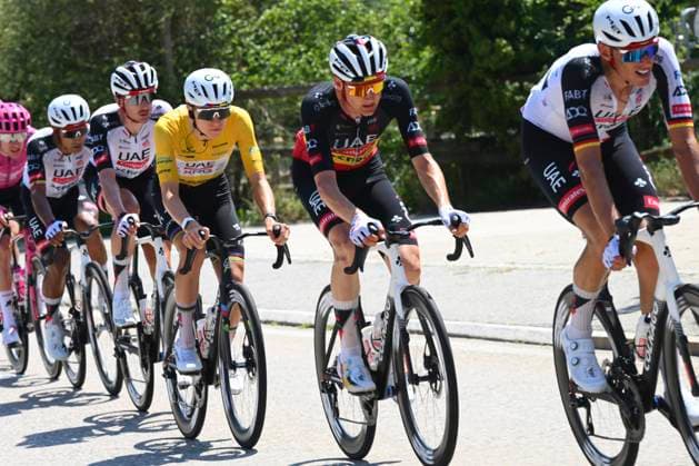 Tour de Suisse 2026 Stage 2 LOCARNO, SWITZERLAND - JUNE 18 : Politt Nils (GER) of UAE Team Emirates - XRG, Wellens Tim (BEL) of UAE Team Emirates - XRG, Pogacar Tadej (SLO) of UAE Team Emirates - XRG during stage 2 of the 89th edition of Tour de Suisse an UCI World Tour 2.UWT cycling road race stage for Men Elite of 157.7 km with start in Locarno and finish in Locarno on June 18, 2026 in Locarno, Switzerland, 18 06 2026 ( Motordriver Guy De Vuyst - Locarno Switzerland  Copyright: xVincentxKalutx