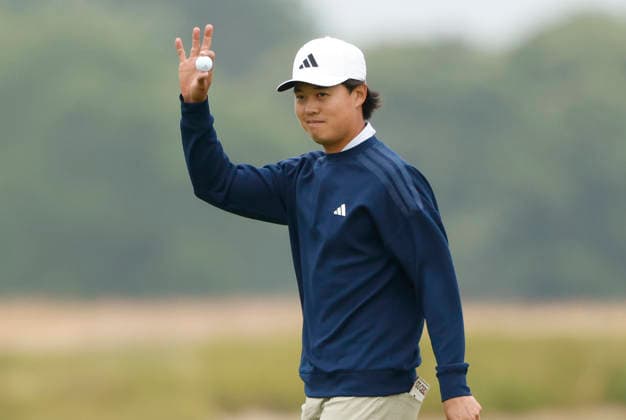 Brandon Wu reacts after a birdie on the 1st hole during the first round of the 126th U.S. Open Golf Championship at Shinnecock Hills Golf Club in Southampton, NY, on Thursday, June 18, 2026.  NYC20260618805 JOHNxANGELILLO