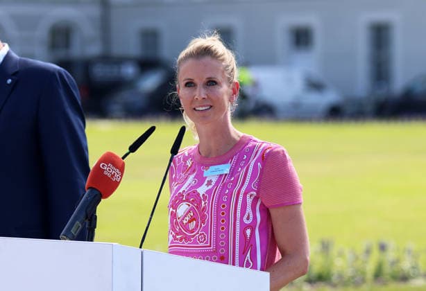 Press event held as part of the invitation extended by the leading Olympic federations to present the detailed bid proposal, Munich Olympic Bid, Nymphenburg Palace. Pictured here is Jessica von Bredow Werndl, dressage rider, delivering her speech.,detected_source_language