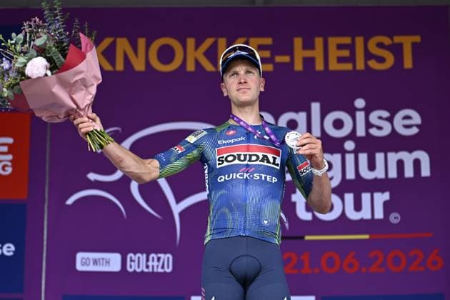 Belgian Tim Merlier of Soudal Quick-Step celebrates on the podium after winning stage 2 of the Baloise Belgium Tour cycling race, 197,6 km from Merelbeke-Melle to Knokke-Heist, Thursday 18 June 2026. The Baloise Belgium Tour takes place from 17 to 21 June. JASPERxJACOBS  x178091024x