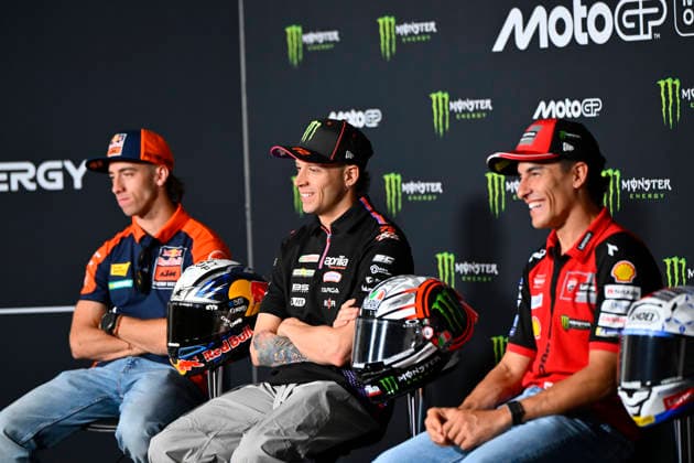 MOTO - MOTO GP - CZECHIA GRAND PRIX 2026 BEZZECCHI Marco (ita), Aprilia Racing, Aprilia RS-GP26, portrait with MARQUEZ Marc (spa), Ducati Lenovo Team, Ducati Desmosedici GP26 and ACOSTA Pedro (spa), Red Bull KTM Factory Racing, KTM RC16, press conference, PK, Pressekonferenz during the 2026 MotoGP Monster Energy Grand Prix of Czechia, at Brno, from Junes 19 to 21, in Czech Republic - BrnoCzechia  Copyright: xGIGIxSOLDANOx