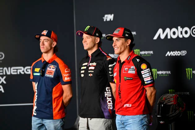 MOTO - MOTO GP - CZECHIA GRAND PRIX 2026 BEZZECCHI Marco (ita), Aprilia Racing, Aprilia RS-GP26, portrait with MARQUEZ Marc (spa), Ducati Lenovo Team, Ducati Desmosedici GP26 and ACOSTA Pedro (spa), Red Bull KTM Factory Racing, KTM RC16, press conference, PK, Pressekonferenz during the 2026 MotoGP Monster Energy Grand Prix of Czechia, at Brno, from Junes 19 to 21, in Czech Republic - BrnoCzechia  Copyright: xGIGIxSOLDANOx