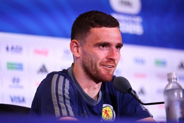 Andy Robertson of Scotland Scotland Training, 2026 FIFA World Cup, WM, Weltmeisterschaft, Fussball Football, Revolution Training Centre, Foxborough, Massachusetts, USA - 18 Jun 2026Charlotte Atrium Health Performance Park United States of America EDITORIAL USE ONLY No use with unauthorised audio, video, data, fixture lists, club league logos or live services. Online in-match use limited to 120 images, no video emulation. No use in betting, games or single club league player publications.  Copyright: xMichaelxZemanek Shutterstockx 16928928bp