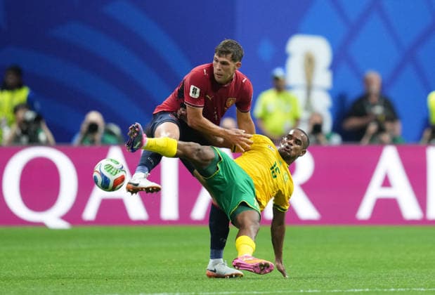 Robin Hranac of the Czech Republic and Iqraam Rayners of South Africa battle for the ball during the Czech Republic vs. South Africa match in Group A of the 2026 FIFA World Cup at Atlanta Stadium in Atlanta, United States, on June 18, 2026. Photo by DeFodi Images, Thor Wegner,detected_source_language