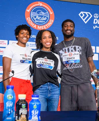June 18, 2026, Doha, Qatar: Dominican sprinter Marileidy Paulino (L) Dominican triple jumper Thea LaFond (C) and American hurdler Cordell Tinch pose after a press conference, PK, Pressekonferenz ahead of the Doha Diamond League athletics meeting in Doha. The Doha Diamond League meeting is scheduled to take place on June 19, 2026. Doha Diamond League 2026 Press Conference In Doha - 18 Jun 2026  - ZUMAs197 20260618_aaa_s197_091 Copyright: xNoushadxVariyattiyakkalx