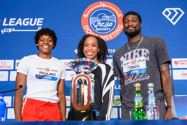 June 18, 2026, Doha, Qatar: Dominican sprinter Marileidy Paulino (L) Dominican triple jumper Thea LaFond (C) and American hurdler Cordell Tinch pose after a press conference, PK, Pressekonferenz ahead of the Doha Diamond League athletics meeting in Doha. The Doha Diamond League meeting is scheduled to take place on June 19, 2026. Doha Qatar - ZUMAs197 20260618_aaa_s197_094 Copyright: xNoushadxVariyattiyakkalx