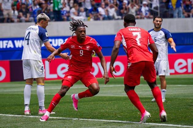 USA Soccer 2026 FIFA World Cup Group Stage Group B Switzerland vs. Bosnia and Herzegovina Los Angeles Stadium (SoFi Stadium) Inglewood, Los Angeles County, California Goal and goal celebration following Johan Manzambis 1–0 goal for Switzerland, 9 Joy, emotions, cheering,detected_source_language Copyright: xJOERANxSTEINSIEKx