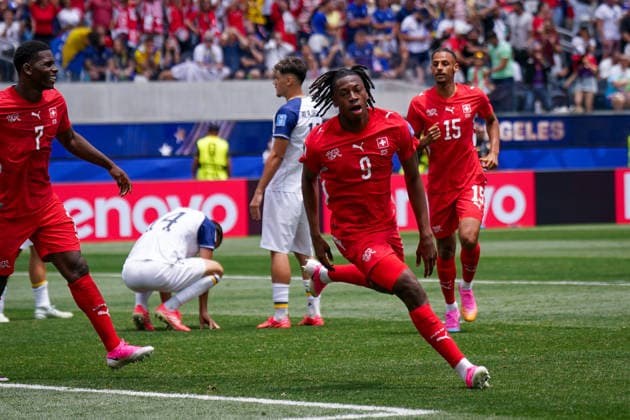 USA Soccer 2026 FIFA World Cup Group Stage Group B Switzerland vs. Bosnia and Herzegovina Los Angeles Stadium (SoFi Stadium) Inglewood, Los Angeles County, California Goal and goal celebration following Johan Manzambis 1–0 goal for Switzerland, 9 Joy, emotions, cheering,detected_source_language Copyright: xJOERANxSTEINSIEKx