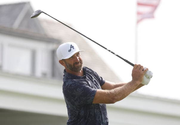 Dustin Johnson tees off on the 14th hole during the first round of the 126th U.S. Open Golf Championship at Shinnecock Hills Golf Club in Southampton, NY, on Thursday, June 18, 2026.  NYC20260618892 JOHNxANGELILLO