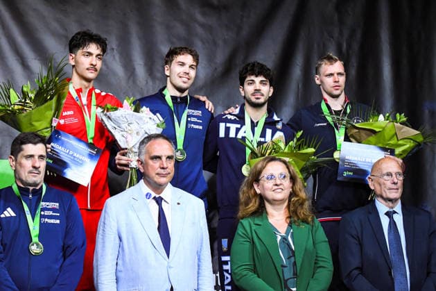 ESCRIME : Championnat d Europe Antony 2026 - 18 06 2026 Rafael Savin (FRA) Andrzej Rzadkowski(POL) Tommaso Martini (ITA) Anton Borodachev AntonyFrance  Copyright: xBaptistexAutissierx