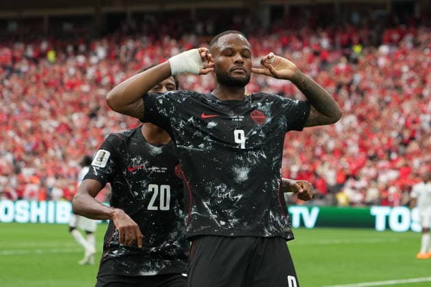 Canada v Qatar - FIFA World Cup, WM, Weltmeisterschaft, Fussball 2026 - Group B VANCOUVER, CANADA - JUNE 18: Cyle Larin (9) of Canada celebrates after scoring a goal during the 2026 FIFA World Cup First Stage Group B match between Canada and Qatar at BC Place Stadium in Vancouver, Canada on June 18, 2026. Ercin Erturk Anadolu British Columbia Canada. Editorial use only. Please get in touch for any other usage.  Copyright: x2026xAnadoluxErcinxErturkx