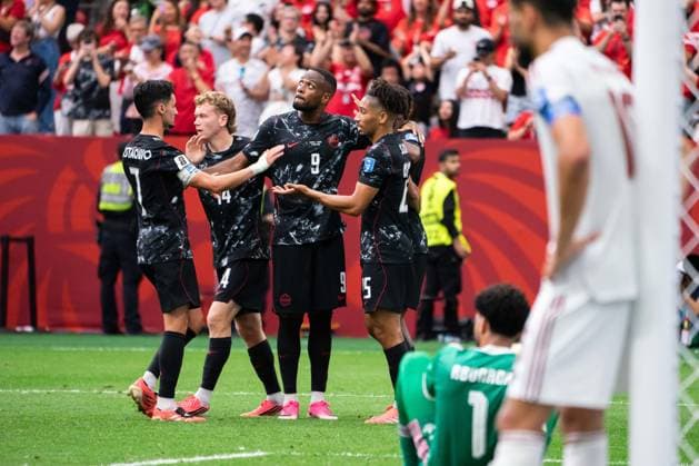 VANCOUVER, CANADA - JUNE 18: Stephen Eustaquio of Canada, Nathan Saliba of Canada, Cyle Larin of Canada and Jacob Shaffelburg of Canada after scoring their sixth goal during the FIFA World Cup, WM, Weltmeisterschaft, Fussball 2026 group stage match between Canada and Qatar at BC Place Vancouver Stadium on June 18, 2026 in Vancouver, British Columbia, Canada.  Copyright: xAmyxElle SPPx Sportspressphoto_SPR170207