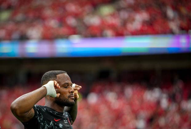 Canada v Qatar - FIFA World Cup, WM, Weltmeisterschaft, Fussball 2026 - Group B VANCOUVER, CANADA - JUNE 18: Canada s Cyle Larin (9) celebrates after scoring during the 2026 FIFA World Cup Group B match between Canada and Qatar at BC Place Stadium in Vancouver, Canada, on June 18, 2026. Ercin Erturk Anadolu Vancouver Canada. Editorial use only. Please get in touch for any other usage.  Copyright: x2026xAnadoluxErcinxErturkx