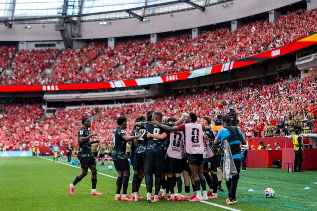 FIFA World Cup, WM, Weltmeisterschaft, Fussball 2026 - Group B - Canada vs Qatar Canada celebrates a goal scored by forward Jacob Shaffelburg in the second half of the FIFA World Cup 2026 group stage match between Canada and Qatar in Vancouver, Canada, 18 June 2026. VANCOUVER Canada  Copyright: xBOBxFRIDx