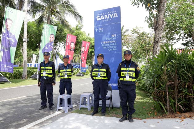 Security company employees stand at attention at the entrance to the racetrack grounds, Sanya E-Prix, China, June 19, 2026, Hainan Island, China, FIA Formula E World Championship Season 12, preparations, ,detected_source_language