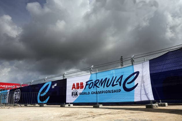 Dark clouds over an FE advertising banner at the entrance, Sanya E-Prix, China, June 19, 2026, Hainan Island, China, FIA Formula E World Championship Season 12, ,detected_source_language
