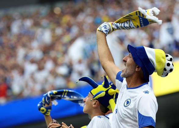 (260619) -- LOS ANGELES, June 19, 2026 -- Fans of Bosnia and Herzegovina are seen during a group B match between Switzerland and Bosnia and Herzegovina at the 2026 FIFA World Cup, WM, Weltmeisterschaft, Fussball at Los Angeles Stadium in Los Angeles, the United States, June 18, 2026. ) (SP)U.S.-LOS ANGELES-FOOTBALL-FIFA WORLD CUP-GROUP B-SUI VS BIH MaoxSiqian 