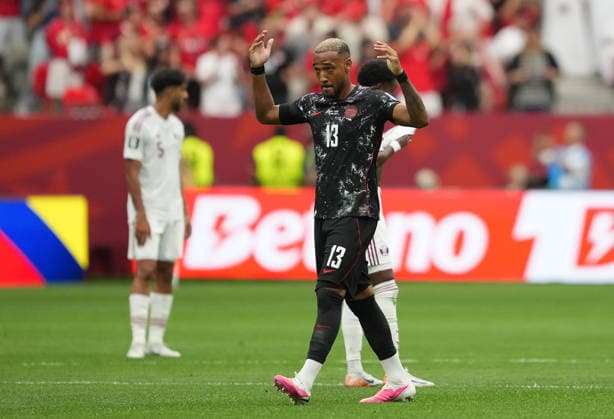 (260619) --VANCOUVER, June 19, 2026 -- Derek Cornelius (front) of Canada celebrates a goal during a group B match between Canada and Qatar at the 2026 FIFA World Cup, WM, Weltmeisterschaft, Fussball at BC Place Vancouver in Vancouver, Canada, June 18, 2026. ) (SP)CANADA-VANCOUVER-FOOTBALL-FIFA WORLD CUP-GROUP B-CAN VS QAT MengxYongmin 