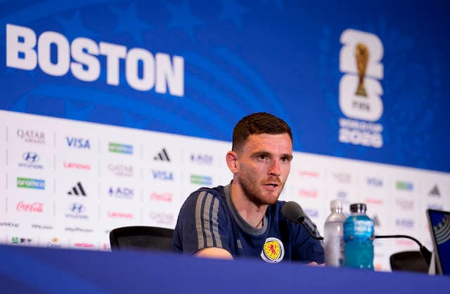 (260619) -- BOSTON, June 19, 2026 -- Scotland s captain Andrew Robertson attends a press conference, PK, Pressekonferenz ahead of the group C match against Morocco at the FIFA World Cup, WM, Weltmeisterschaft, Fussball 2026 in Boston, the United States, June 18, 2026. ) (SP)U.S.-BOSTON-FOOTBALL-FIFA WORLD CUP-PRESS CONFERENCE-SCOTLAND ChenxYichen 